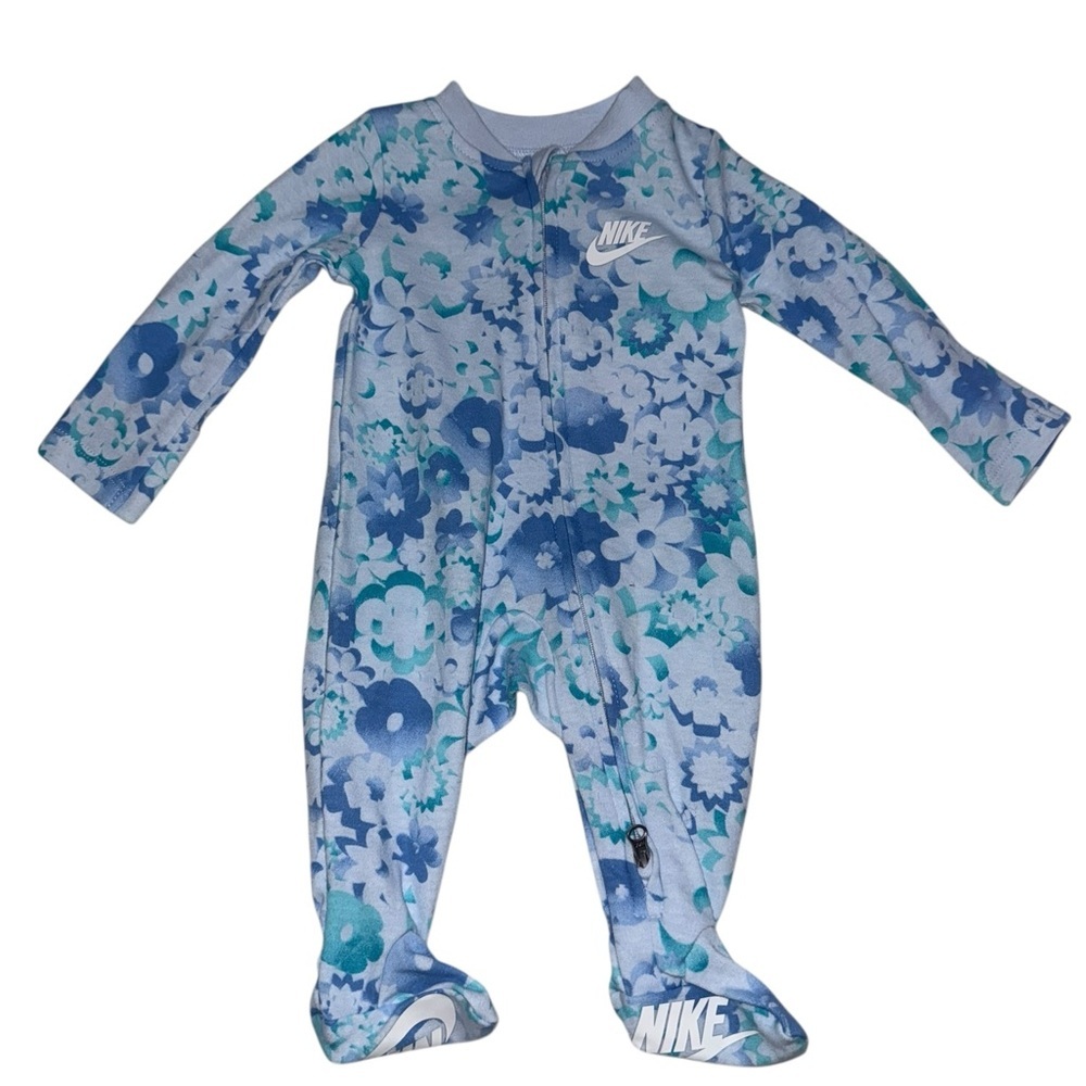 NWOT Nike Newborn Baby Girl Floral Print Cotton Zip Footie - Blue Tint